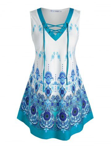Plus Size Floral Paisley Print Lace-up Tunic Tank Top