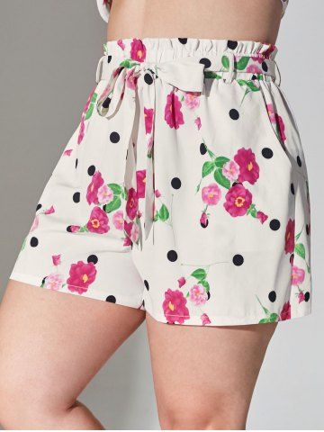 Plus Size Floral Print Belted Paperbag Shorts