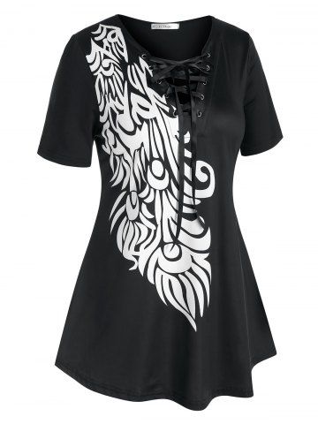 Plus Size Colorblock Printed Lace Up T Shirt - BLACK - 1X