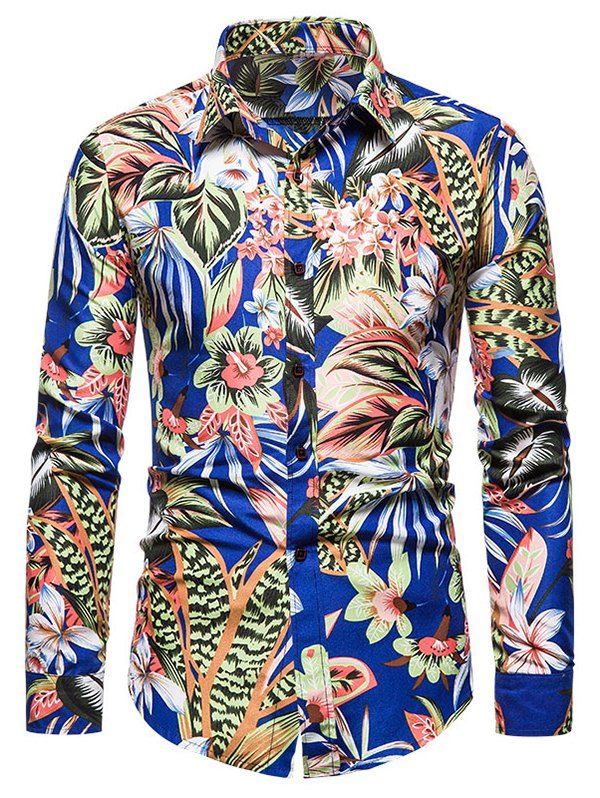 

Tropical Leaves Flower Long Sleeve Print Shirt, Blueberry blue