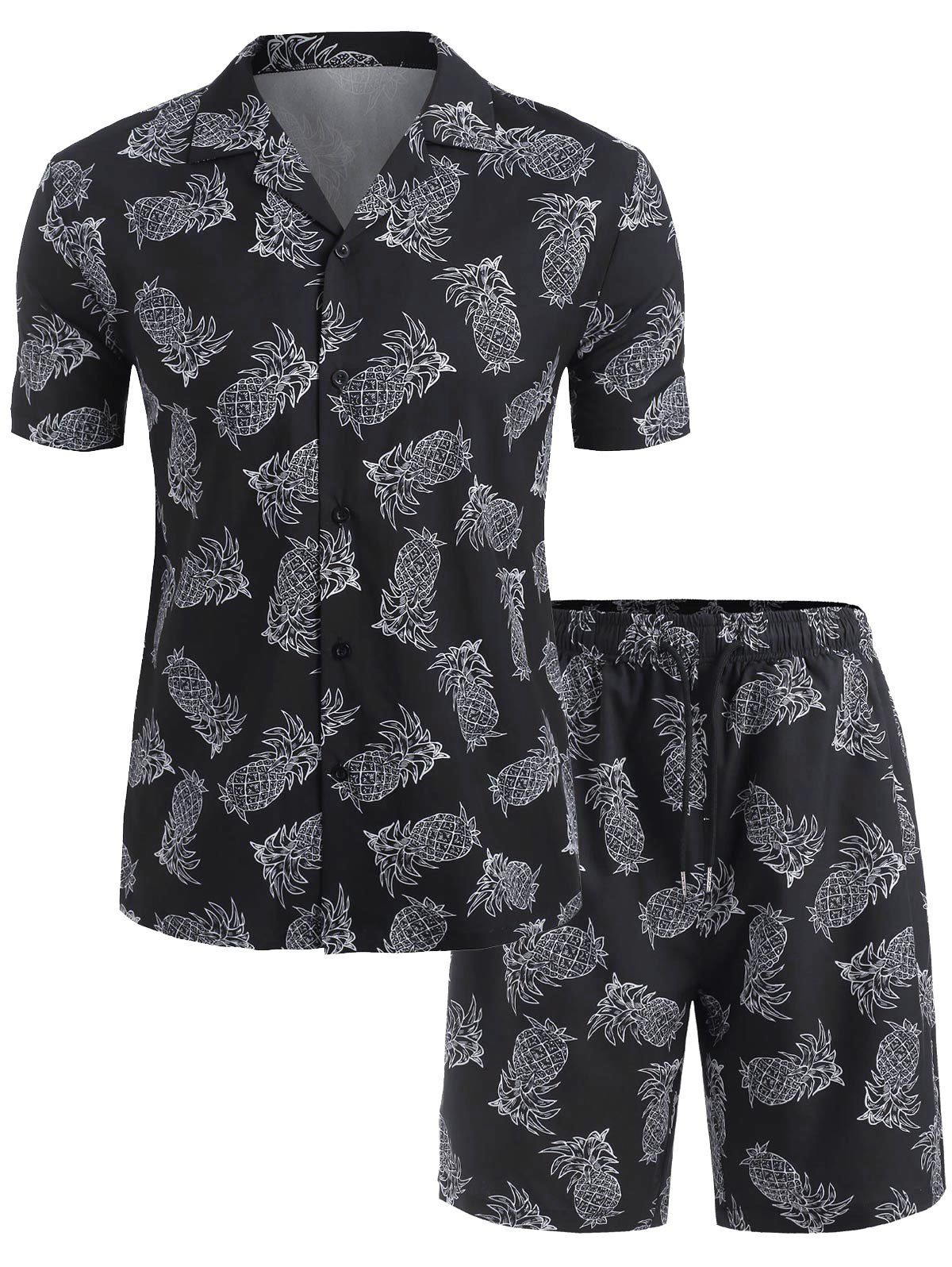 

Pineapple Print Beach Shirt And Shorts Set, Black
