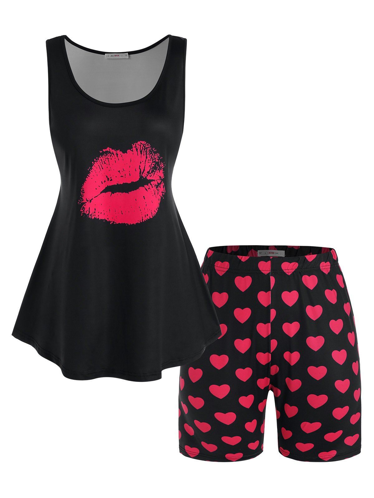 

Plus Size Lip Print Tank Top and Heart Print Shorts Pajamas Set, Black