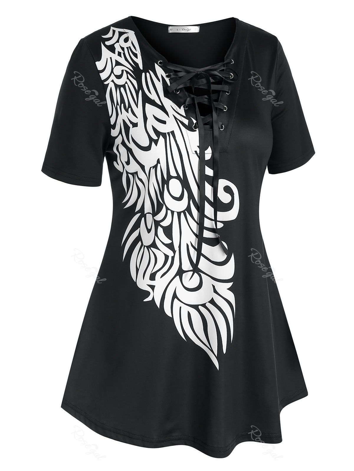Online Plus Size Colorblock Printed Lace Up T Shirt  