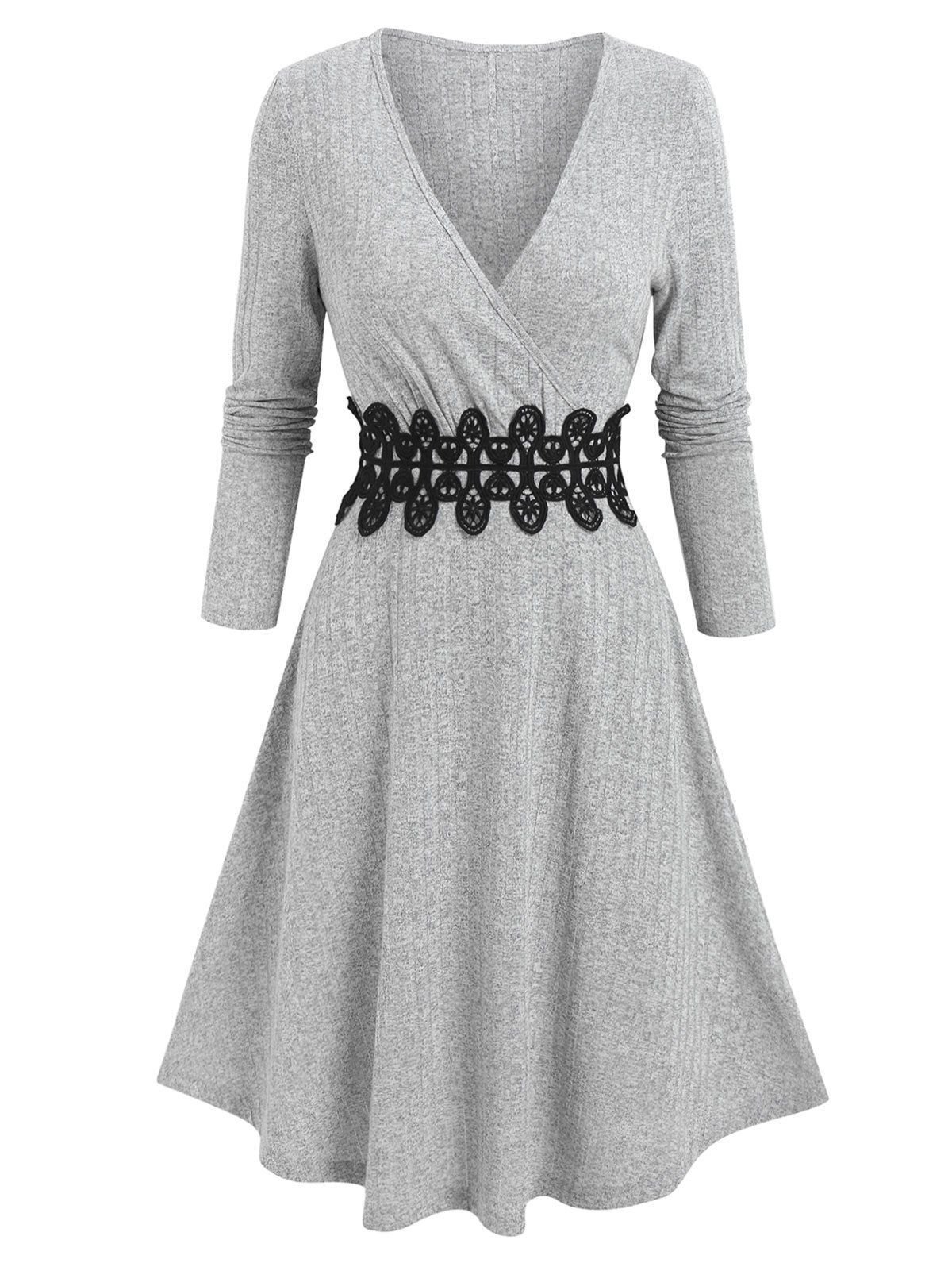 

Ribbed Applique A Line Wrap Knitted Dress, Light gray