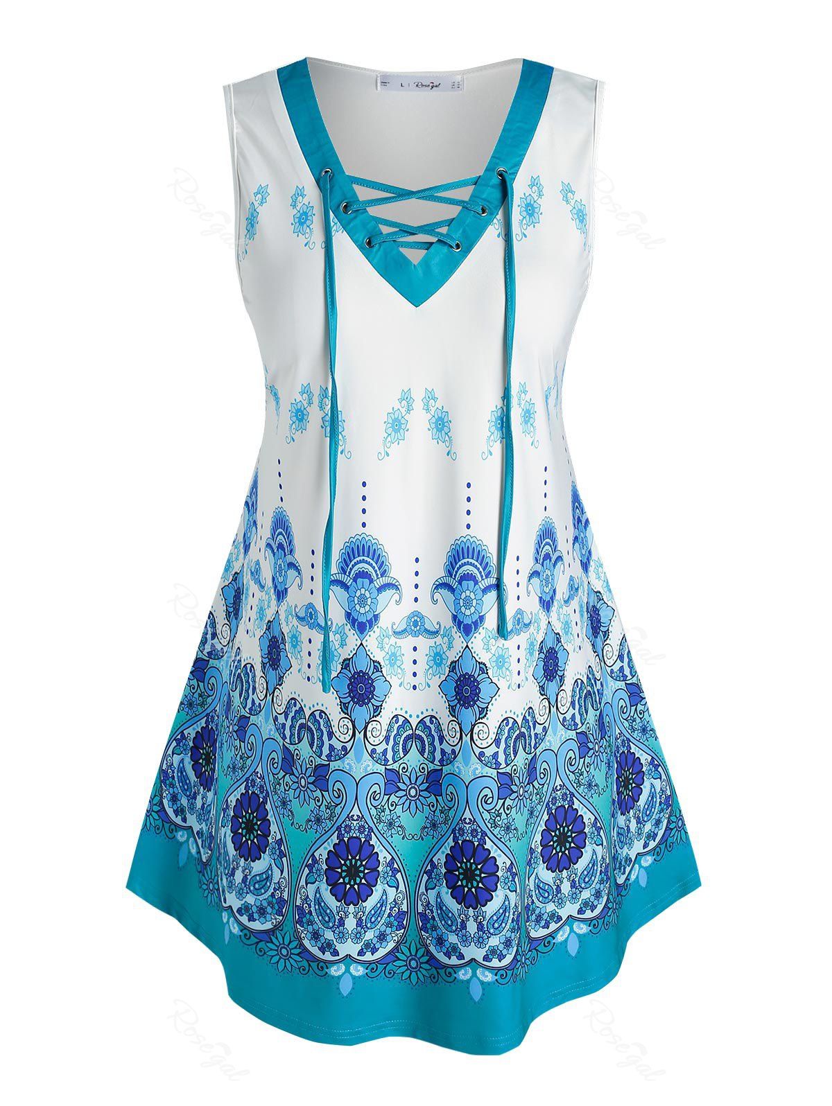 Fancy Plus Size Floral Paisley Print Lace-up Tunic Tank Top  