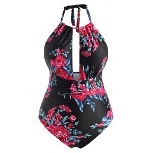

Plus Size Floral Print Open Back Padded One-piece Swimwear, Black