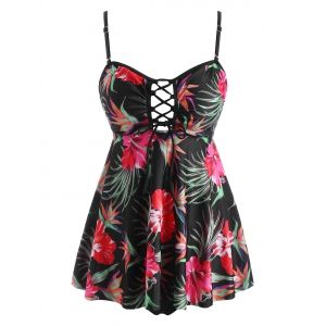 

Floral Leaves Lace Up Open Back Tankini Swimwear, Multi