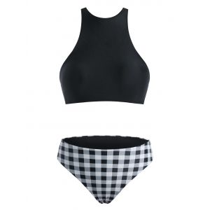 

Plaid Print Mid Rise Padded Bikini Set, Black