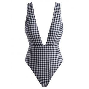 

Plaid Print Open Back Padded One-piece Swimwear, Black