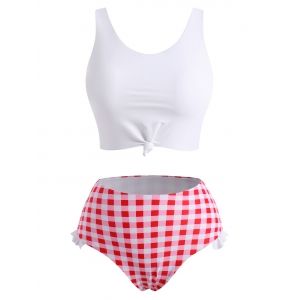 

Plaid Print Knotted Ruffle Padded Tankini Set, White