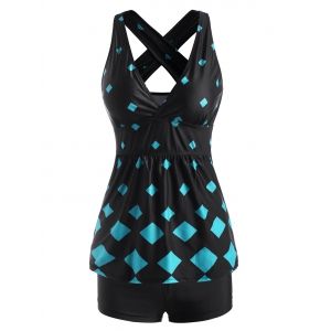 

Rhombus Print Criss Cross Back Skirted Tankini Swimwear, Light blue