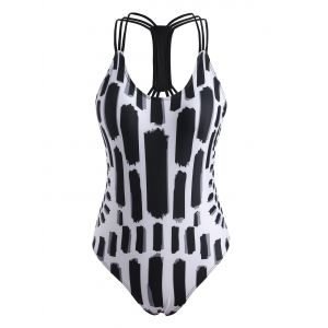 

Strappy Abstract Print Backless One-piece Swimsuit, Black