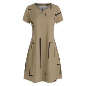 

Printed V Neck Casual Mini Dress, Coffee