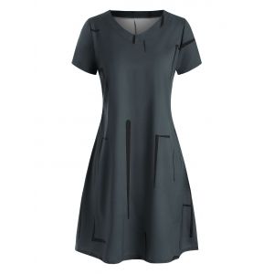 

Printed V Neck Casual Mini Dress, Black