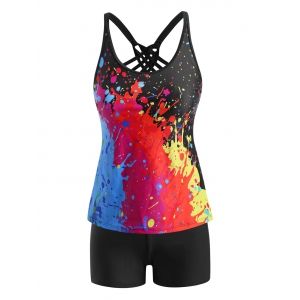 

Paint Splatter Lattice Strappy Back Tankini Swimwear, Multi