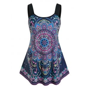 

Plus Size Ethnic Print Tent Tank Top, Black