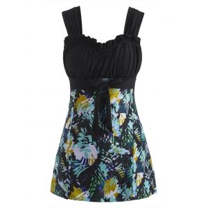 

Leaf Print Ruffle Bowknot Ruched Bust Tankini Swimwear, Multi