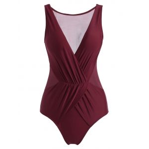 

Mesh Panel Ruched Surplice One-piece Swimsuit, Deep red