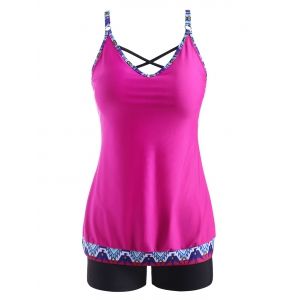 

Ethnic Printed Criss Cross Lattice Back Tankini Swimwear, Light pink