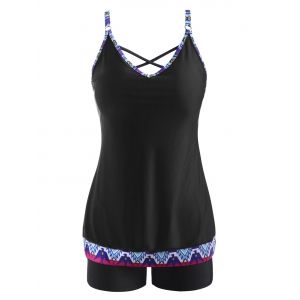 

Ethnic Printed Criss Cross Lattice Back Tankini Swimwear, Black
