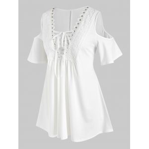 

Plus Size Lace Up Cold Shoulder Blouse, White