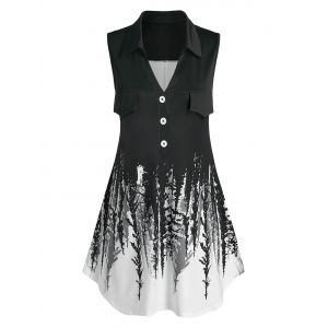 

Plus Size Snow Tree Print Flap Detail Sleeveless Blouse, Black