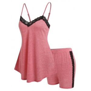 

Lace Insert Tank Top and Shorts Lounge Set, Light pink