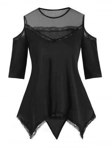Lace and Mesh Cold Shoulder Asymmetrical Hem Pajama Top Set - BLACK - XXL