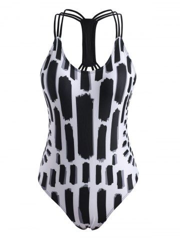 Strappy Abstract Print Backless One-piece Swimsuit - BLACK - XL