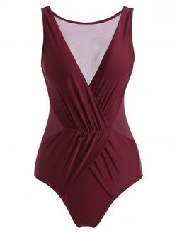 Mesh Panel Ruched Surplice One-piece Swimsuit - DEEP RED - 2XL