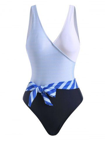Striped Backless Belted One-piece Swimsuit - MULTI - M