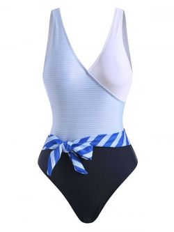 Striped Backless Belted One-piece Swimsuit - MULTI - XL