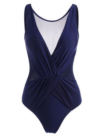 Mesh Panel Ruched Surplice One-piece Swimsuit - DEEP BLUE - S