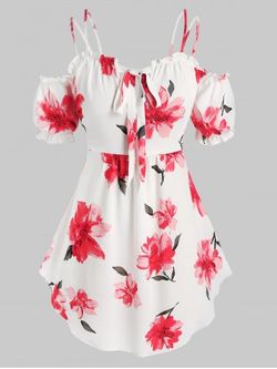 Plus Size & Curve Floral Print Front Tie Cold Shoulder Blouse - RED - 1X