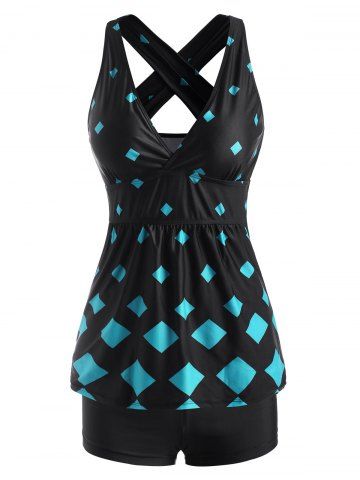 Rhombus Print Criss Cross Back Skirted Tankini Swimwear - LIGHT BLUE - S