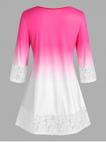 Plus Size Ombre Color Floral Print Lace Trim Tee