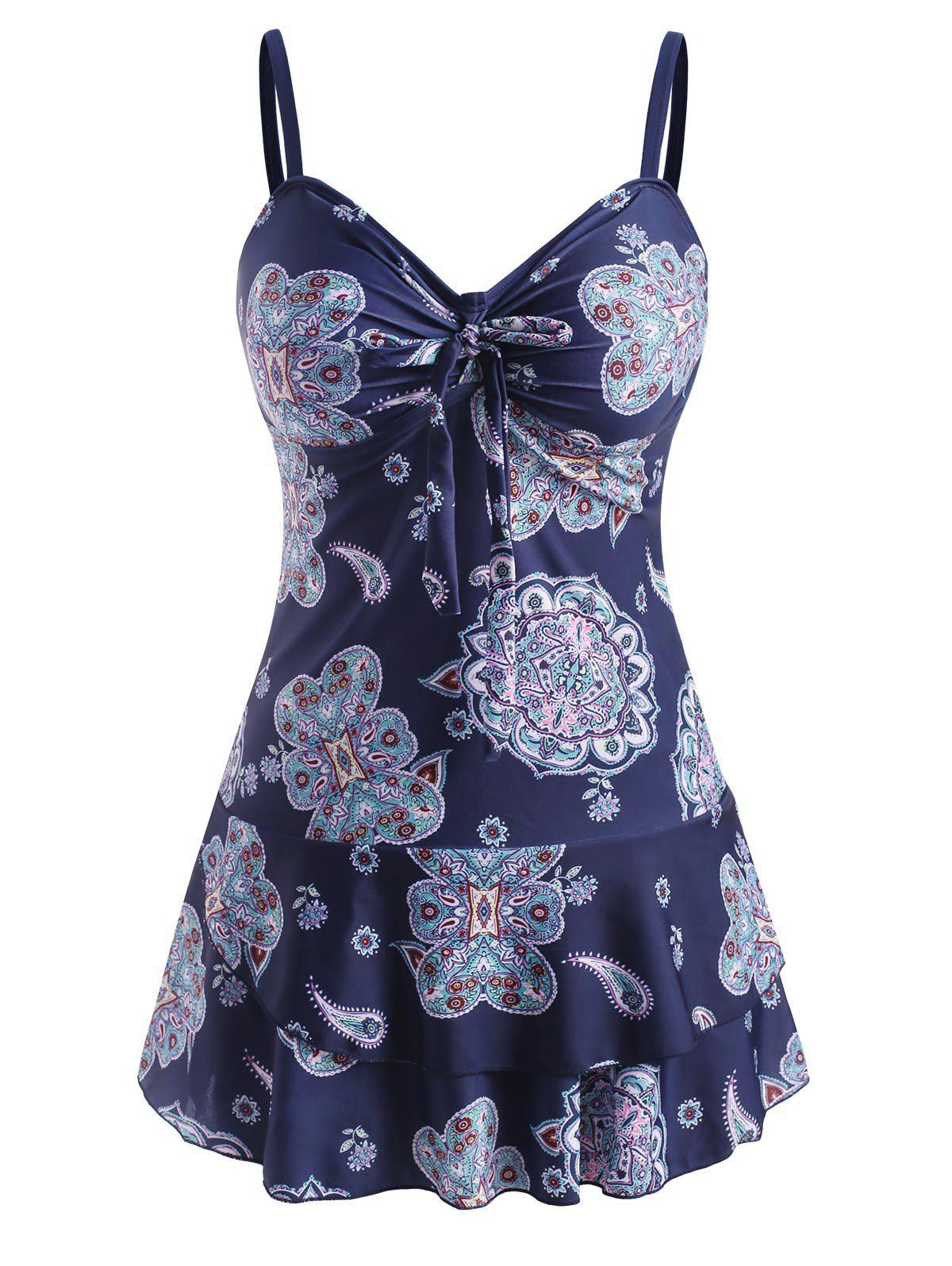 

Bohemian Printed Layered Ruched Tie Tankini Swimwear, Deep blue