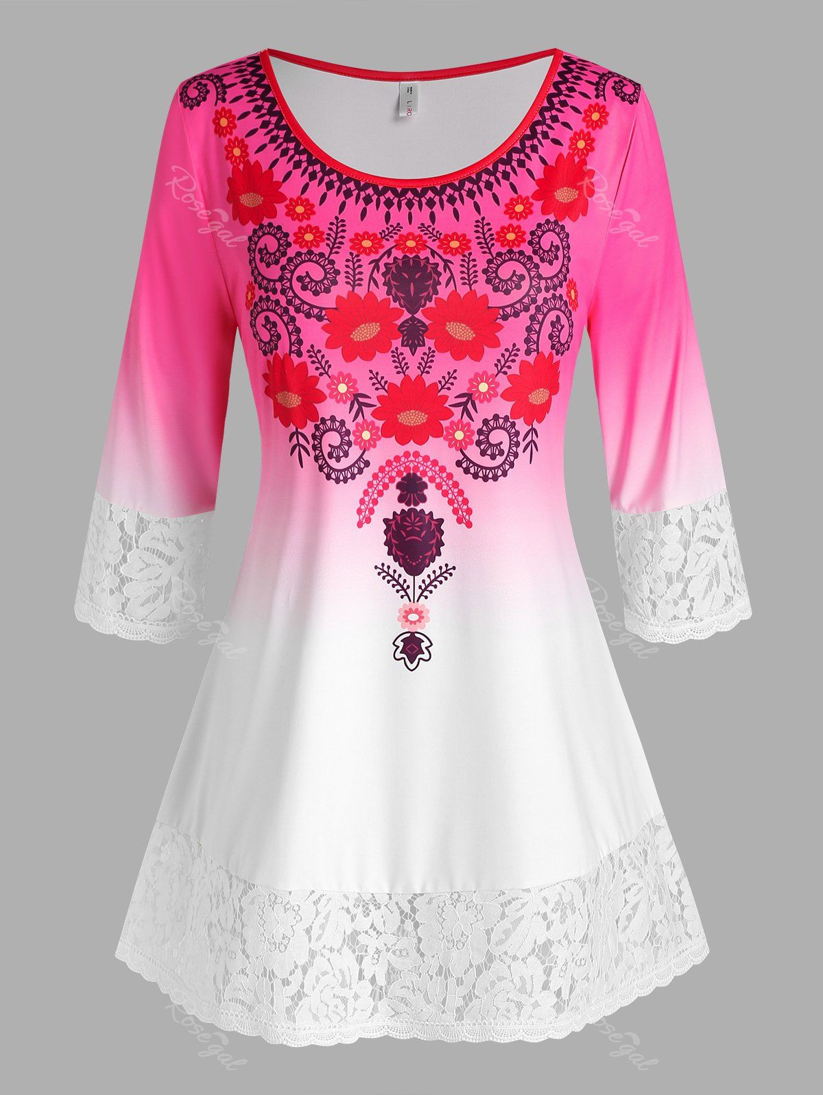

Plus Size Ombre Color Floral Print Lace Trim Tee, Multi
