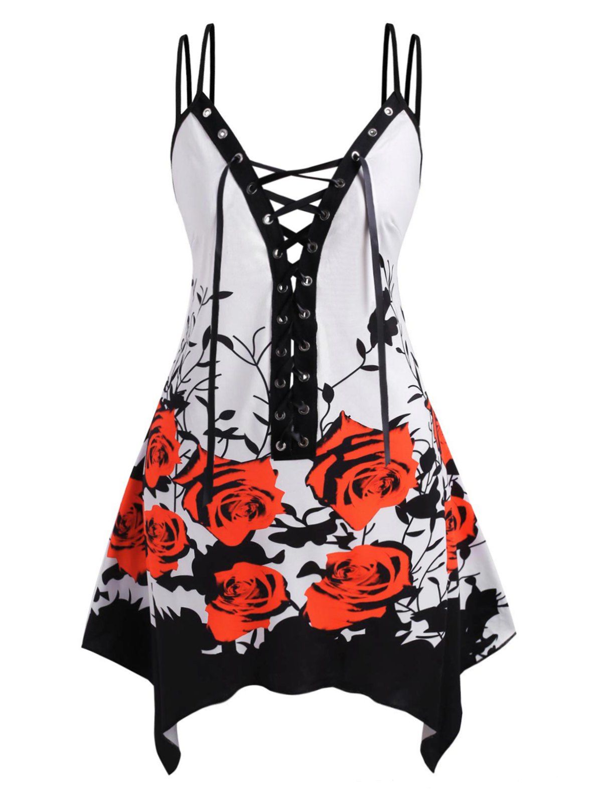 

Rose Leaves Lace Up Strappy Plus Size Tank Top, Red