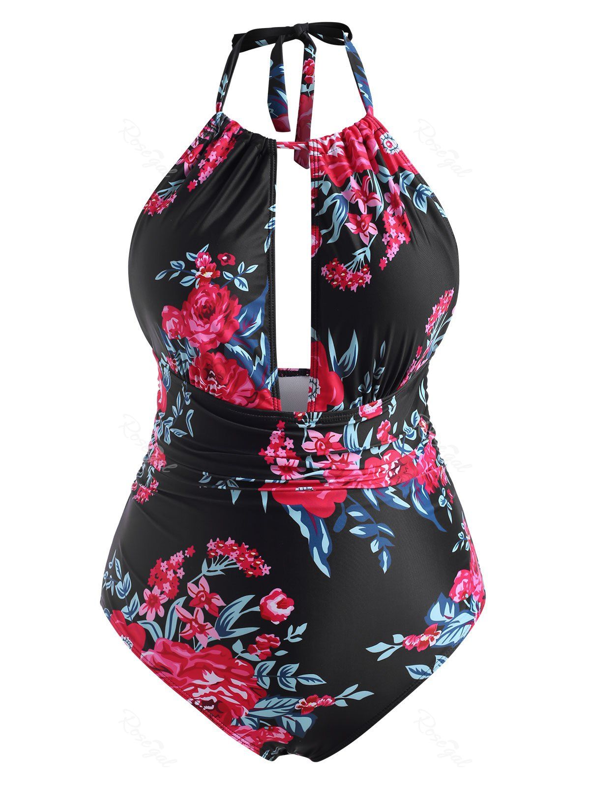 

Plus Size Floral Print Open Back Padded One-piece Swimwear, Black