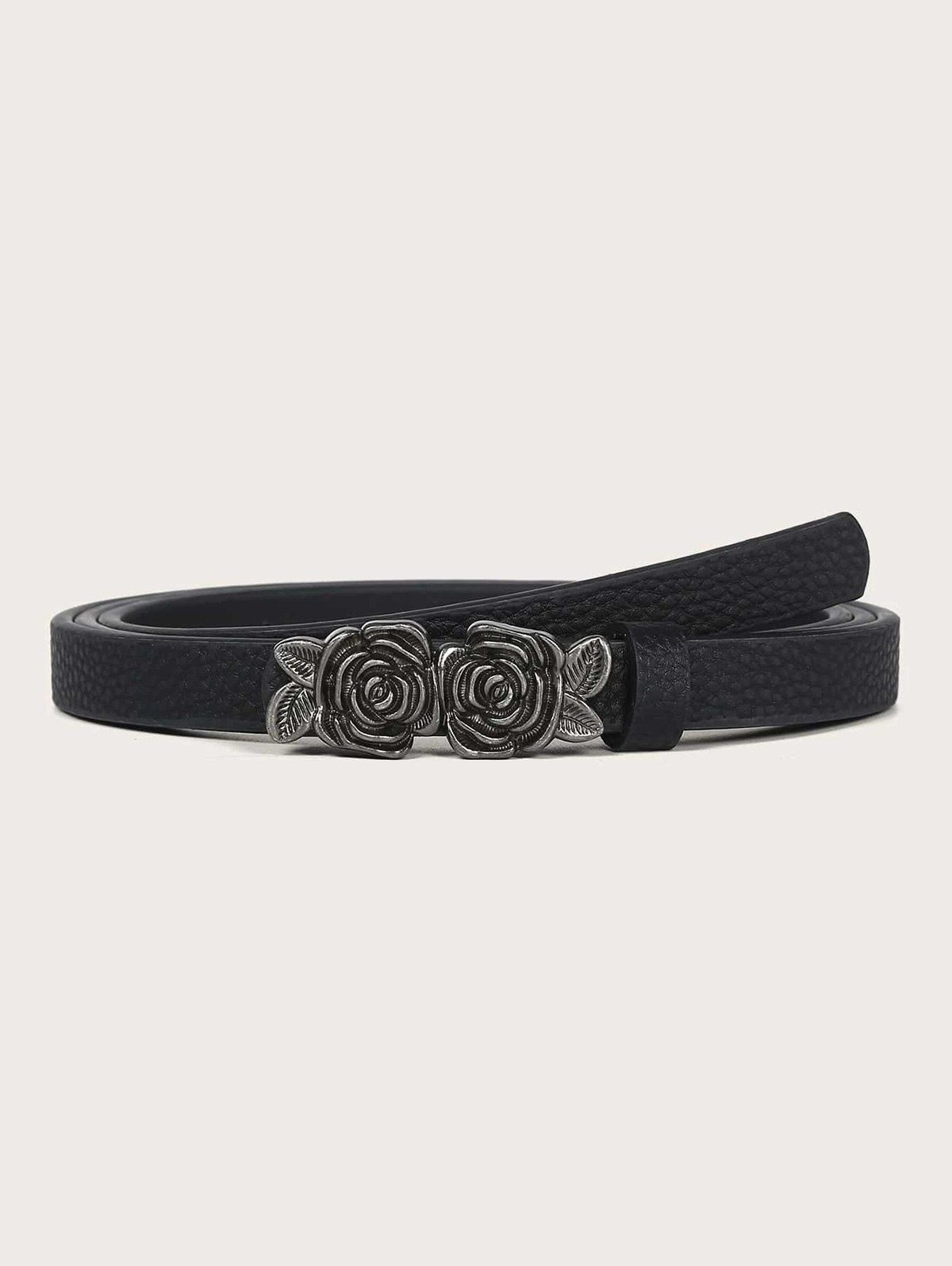 

Rose Embellished Buckle Skinny Belt, Black