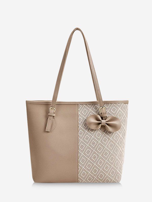 

Bowknot Patchwork Rhombus Pattern Tote Bag, Camel brown