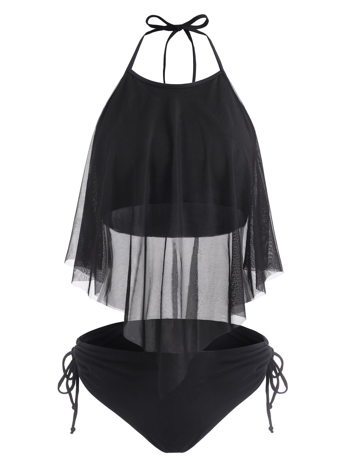 

Halter Mesh Flounce Overlay Tie Side Tankini Swimwear, Black