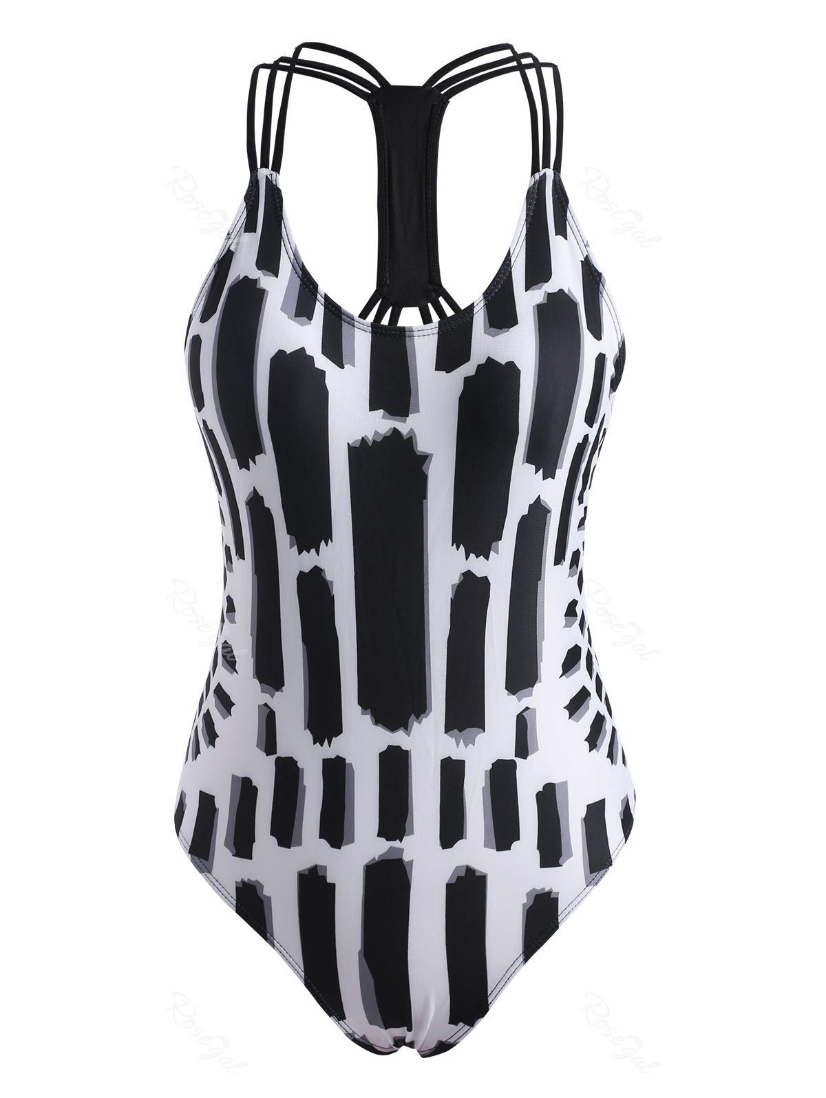 

Strappy Abstract Print Backless One-piece Swimsuit, Black