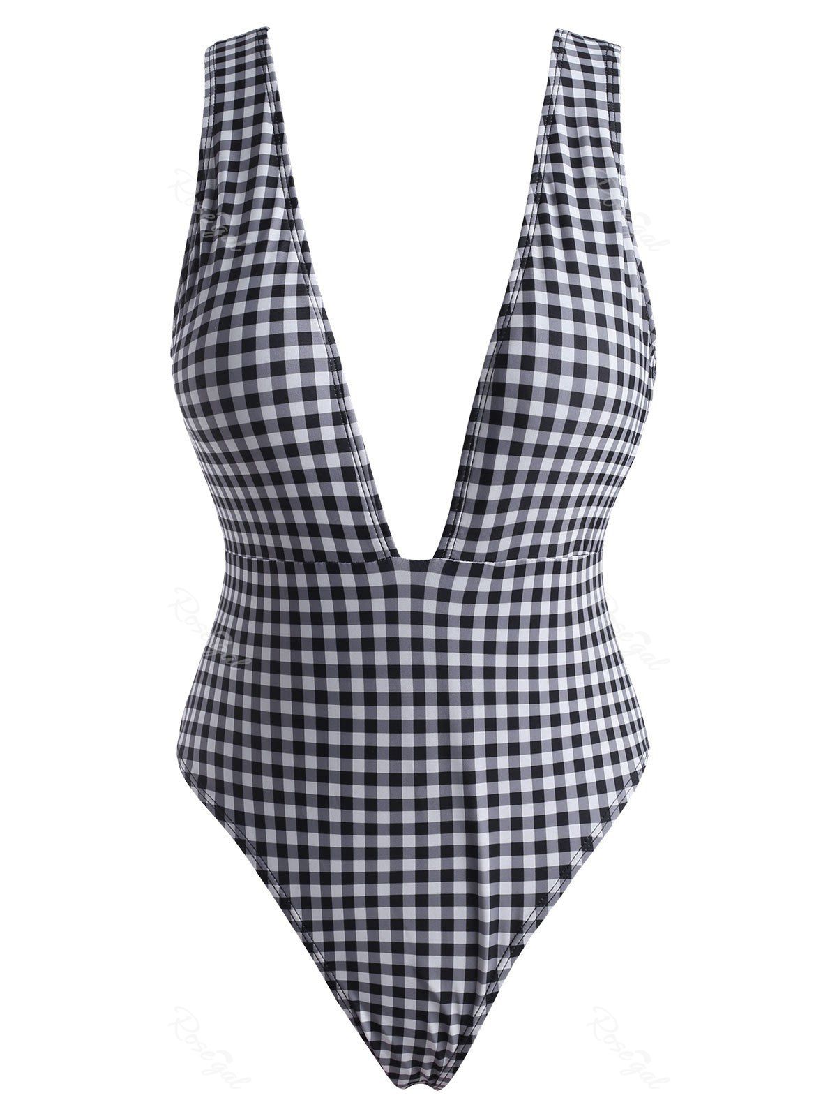 

Plaid Print Open Back Padded One-piece Swimwear, Black