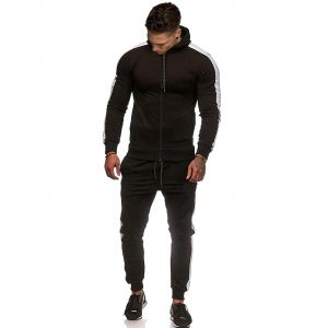 

Contrast Tape Zip Up Hoodie and Pants Two Piece Set, Black