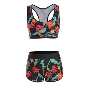 

Piping Flower Racerback Boyshorts Tank Bikini Swimwear, White