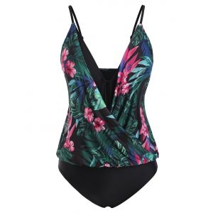 

Tropical Print Mesh Panel Blouson One-piece Swimsuit, Multi