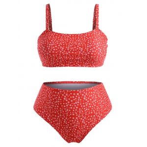 

Plus Size Ditsy Print High Waisted Tank Bikini Swimwear, Red