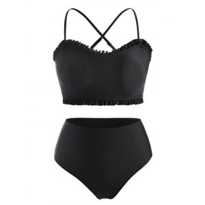 

Plus Size Ruffle Trim Spaghetti Strap Padded Bikini Set, Black